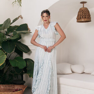 VESTIDO BRUNA LONGO JABOT EM CAMADAS EM CHIFFON ESTAMPADO