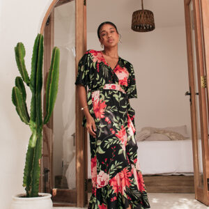 VESTIDO MAGDA FRENTE JABOT EM CETIM ESTAMPADO