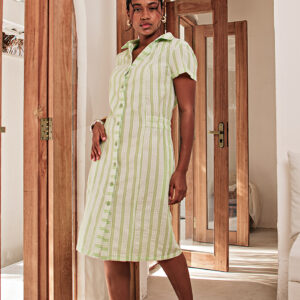 VESTIDO MARCELA FRANZIDO LATERAL LISTRADO VERDE