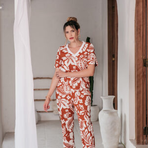 CONJUNTO TANIA BLUSA E CALÇA DET. PUNHO EM  CREPE MALHA CANELA