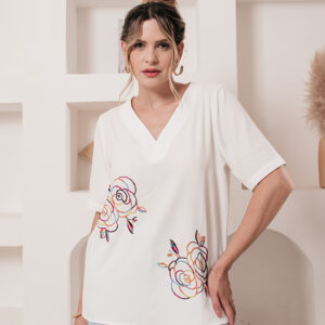 BLUSA INEIDA BORDADO ARABESCO EM CREPE SANTINO BRANCO