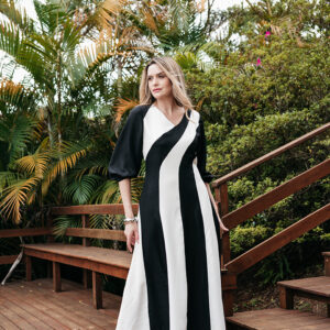 VESTIDO CELINA BICOLOS FAIXAS EVASES EM CREPE TWILL PRETO E BRANCO