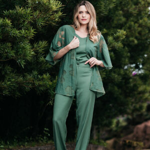 CONJUNTO CINTIA 3 PEÇAS REGATA, CALÇA E CASACO EM VISCOLINHO E CREPE DEVORE