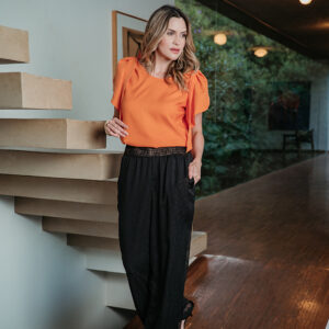 PANTALONA MARINA LASTEX COS EM CHIFFON PLISSADO